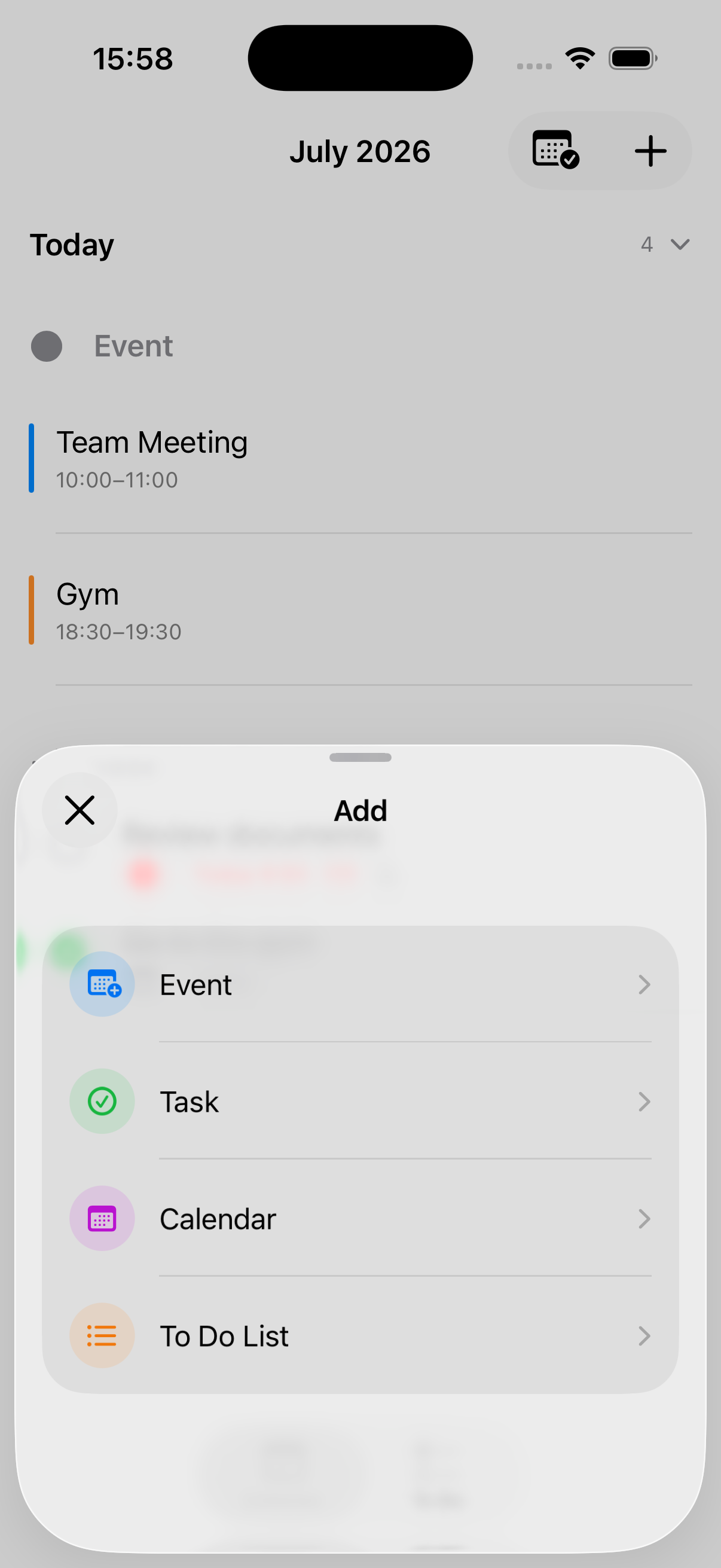 The Todia screen for adding an event or to-do