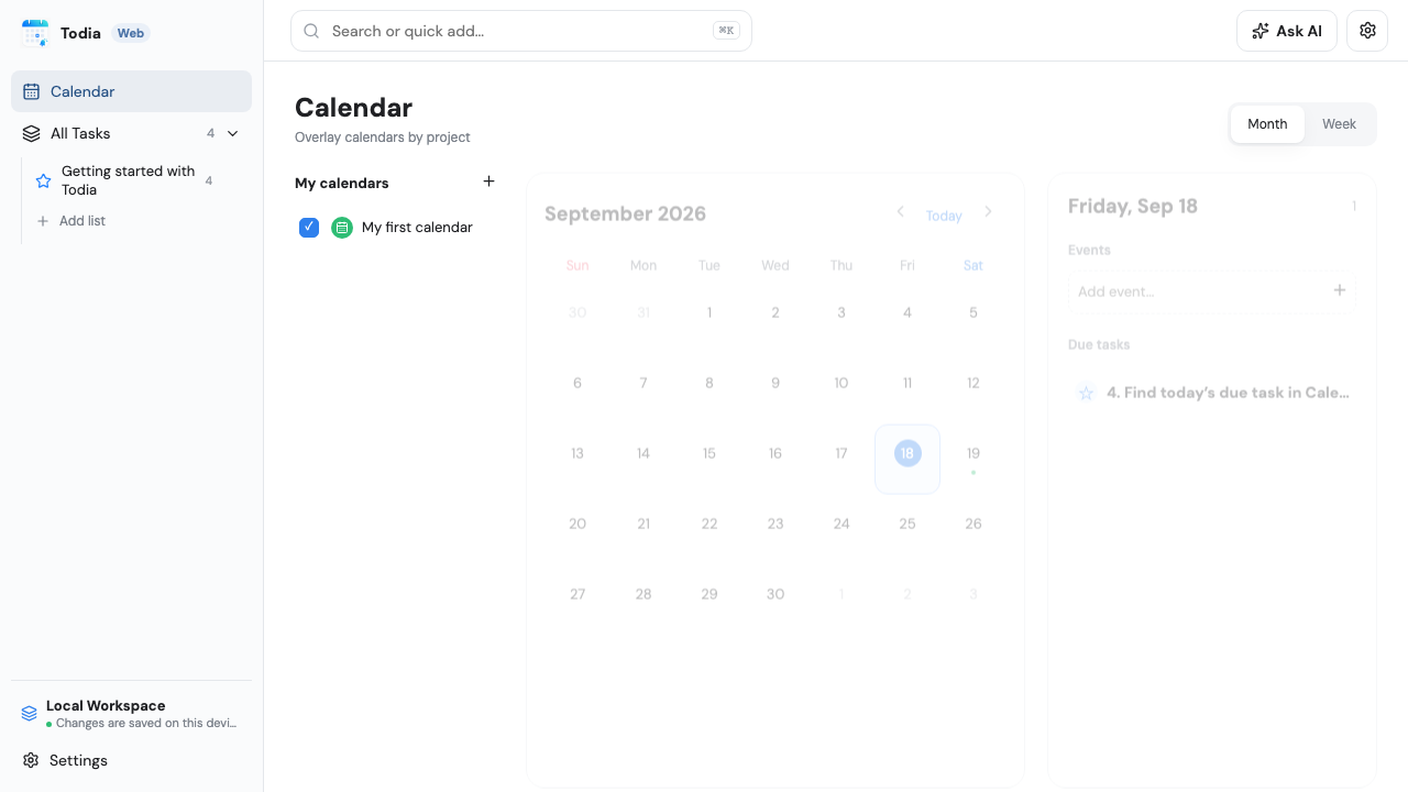 The calendar in Todia Web