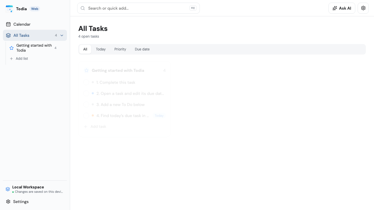 The to-do list in Todia Web